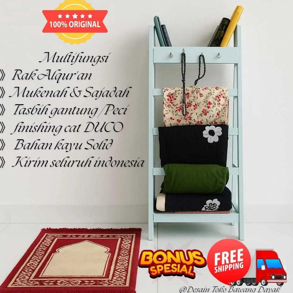 Rak Sajadah & Mukena Kayu Minimalis Stand Alquran, Rak Jilbab, Hanger Multifungsi Estetik