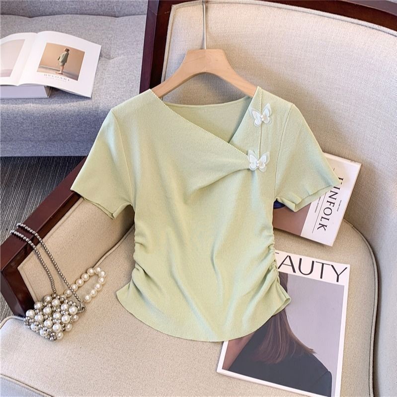 [COD]Kaos lengan pendek kerah miring tidak beraturan kupu-kupu 3D ukuran besar