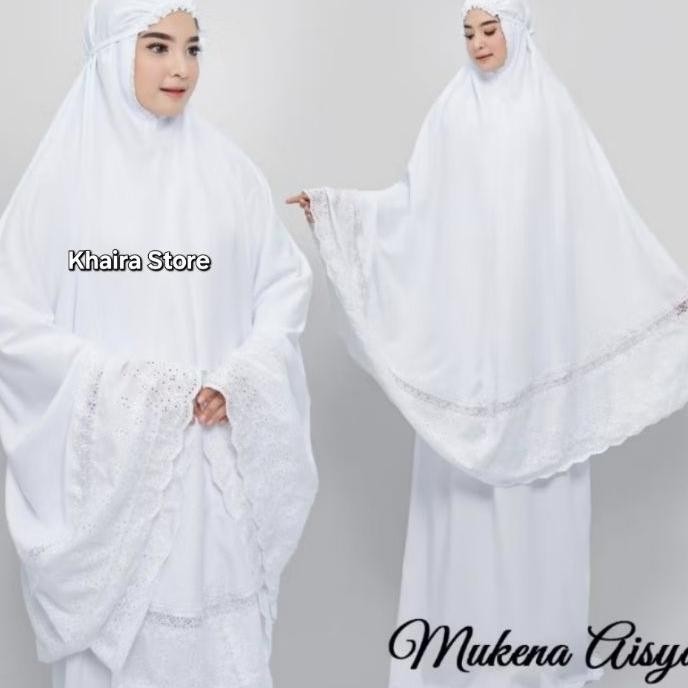 Khairamukena Aisyah Putih Polos Renda Rempel Kekinian Dewasa Bahan Adem Lembut Mukena Bestseller Muk