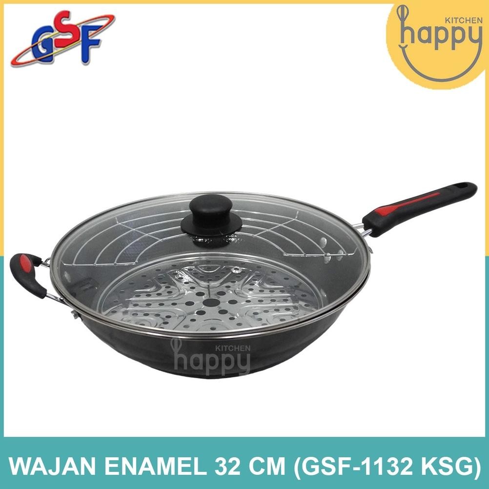Panci Wajan Enamel 32 CM Tutup Kaca Anti Lengket Tirisan Minyak Kukusan GSF 1132