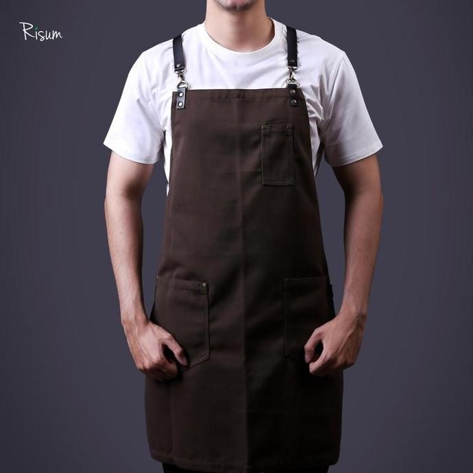 Canvas Apron Water Repellent W/ Synthetic Leather - Brown (Barista)