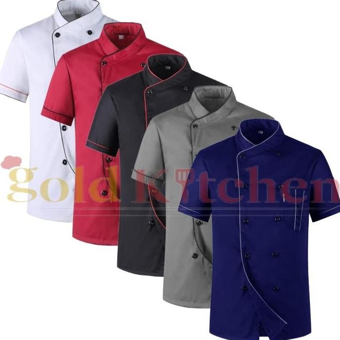 Baju Chef Baju Koki Chef Jacket Seragam Kerja Lengan Pendek Model Mandarin Seragam Bordir Abu Hitam 