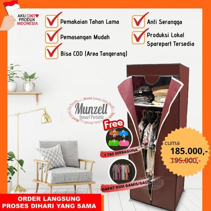 NEW - LEMARI BAJU/PAKAIAN MUNZELL LPF-02 MAROON. Lemari Gantung +2 Sekat