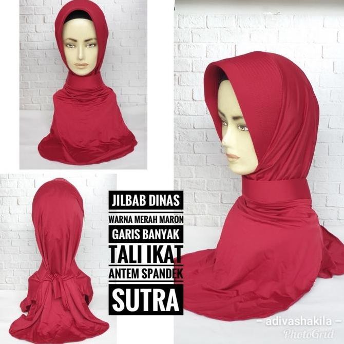 Promo JILBAB DINAS MERAH MARON BAHAN SPANDEK SUTRA GARIS BANYAK COD