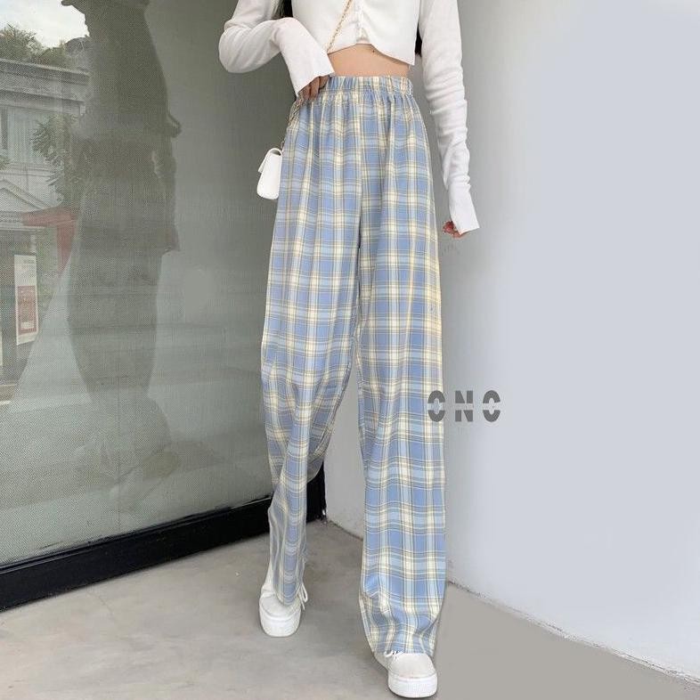 Baru Korean Long Pants Tartan | Celana Kulot Wanita Kotak-Kotak 