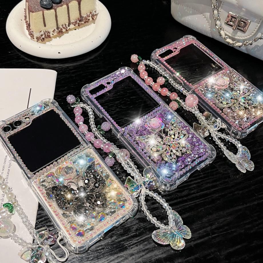 For Galaxy Z Flip 5 Z Flip 6 Case Z Flip 4 Z Flip 3 5G Luxury Crystal Butterfly Flower Diamond Pearl