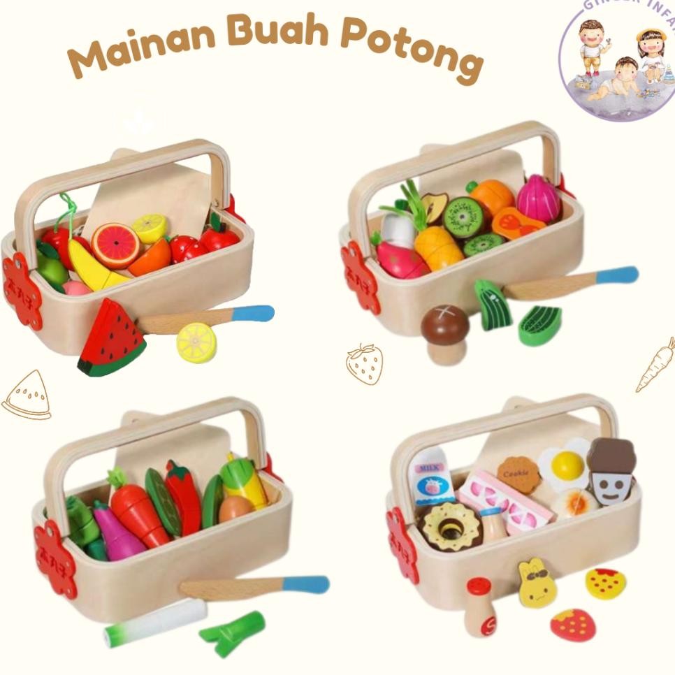 Gingerinfant Mainan Buah Potong Keranjang Kayu Wooden Basket Fruits Veggies Mainan Buah Potong Anak 