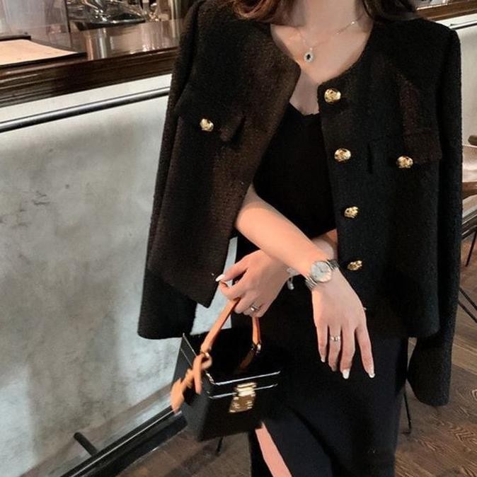 Cardigan Putih Nyaman Pakai French Outer Korea Atasan Wanita Crop Top Blazer Panjang Basic HItam M60