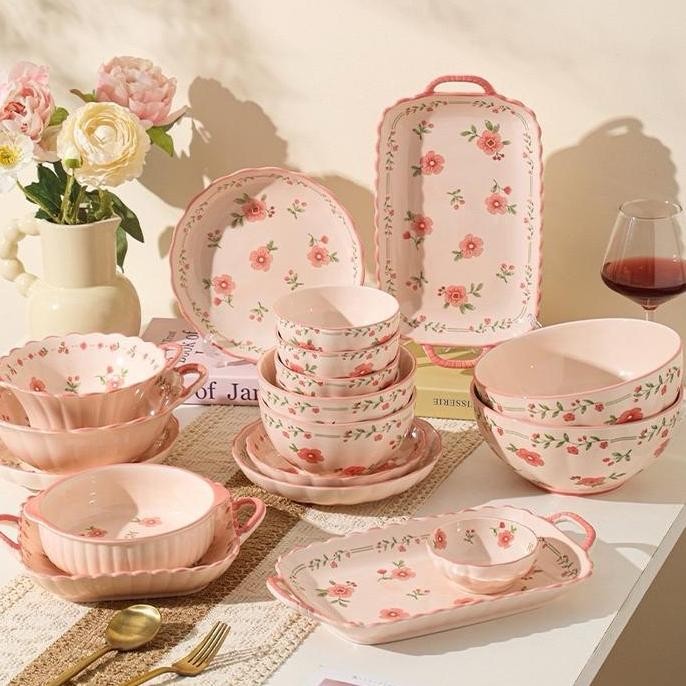 Piring Keramik BLOOM Piring Mangkok Besar Peralatan Makan Keramik Mewah Motif Bunga warna pink merah