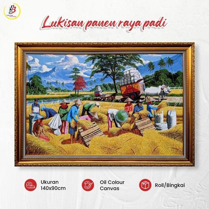 lukisan panen padi timbul | lukisan pemandangan | lukisan panen raya