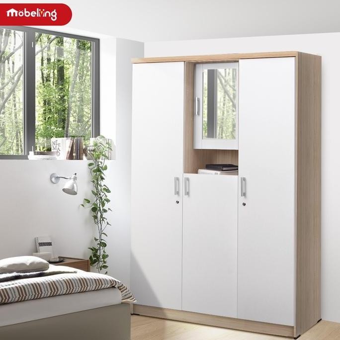 Promo Mobeliving - Lemari Pakaian 3 Pintu dengan Cermin - Lemari Pakain Minimalis dengan Rak Tempat 