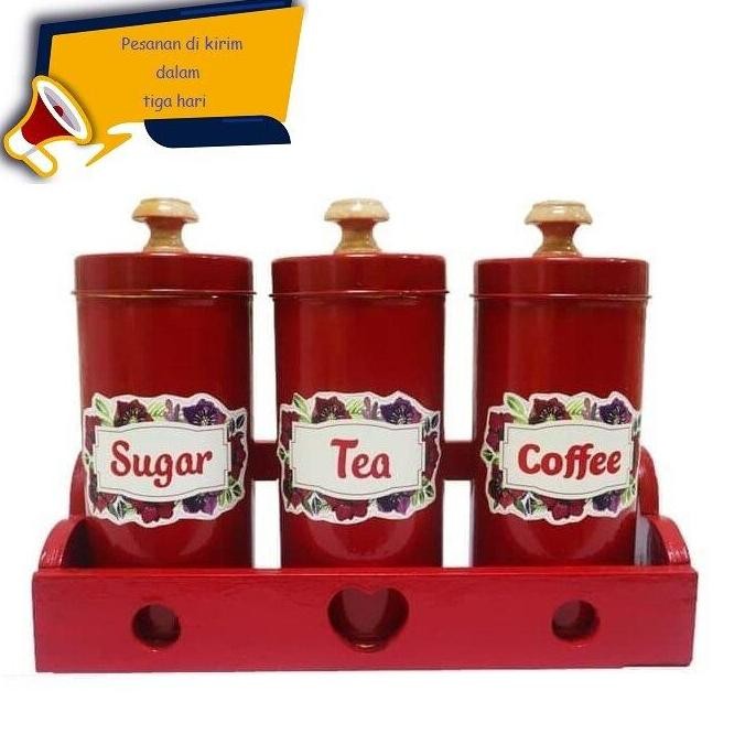 Tempat Gula Kopi Teh Canister Set Sugar Coffee Tea Set - Merah