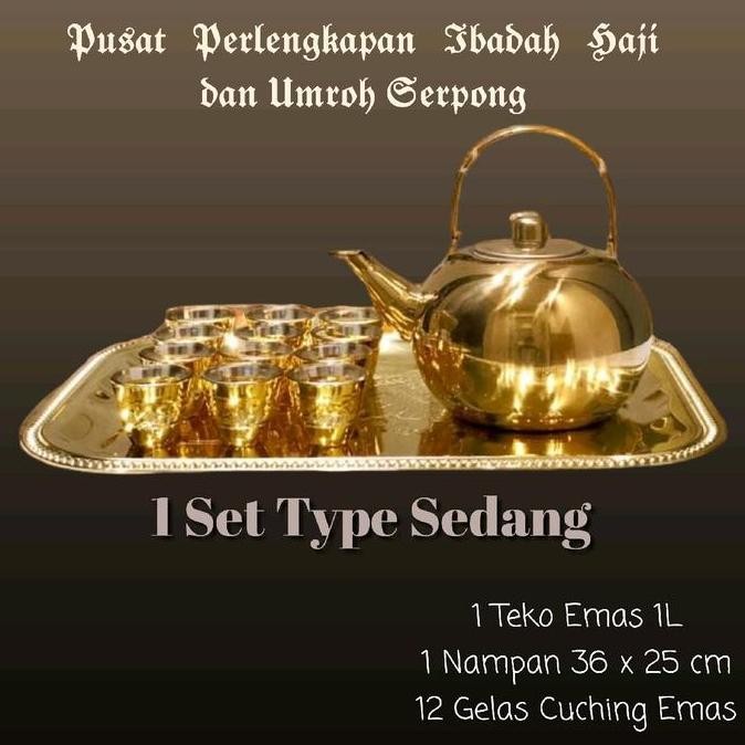 Set Teko Emas Arab Gold Lengkap Emas untuk Umroh dan Haji Gelas Peralatan Stainless Steel Tea