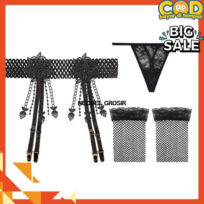 LINGERIE  OPEN CROTCH G STRING RENDA LINGERIE SET STOCKING  BY NEDDEL GROSIR