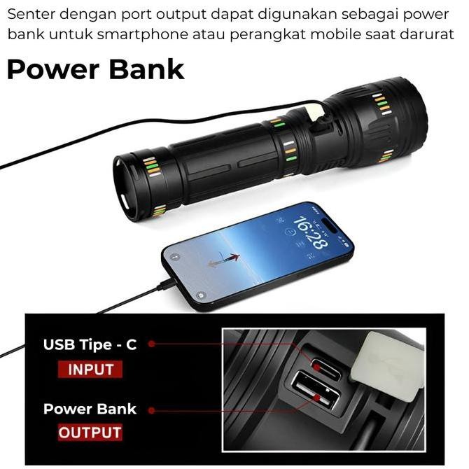 H2S Senter Hs-G600 Super Terang Jumbo Type-C Zoom Waterproof Powerbank