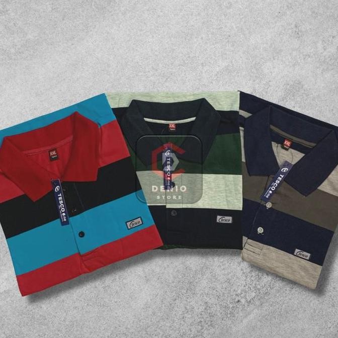 DR142>> [SATUAN] Polo Shirt Motif Garis Pria Dewasa Bersaku Depan | Kaus Krah Motif Salur Bapak | Ba