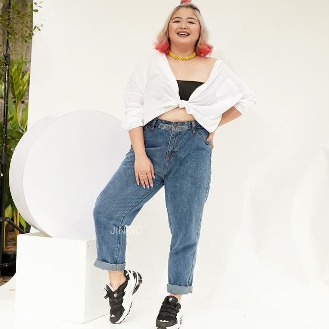 Promo Real Curvy - Jiniso Jumbo Boyfriend Celana Jeans Wanita Warna Denim Highwaist Cod
