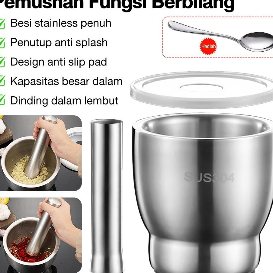 Cobek Stainless Ulekan Stainless Tumbukan Bumbu Dapur Dengan Tutupmortar Pestle Tumbukan Bumbu Stain