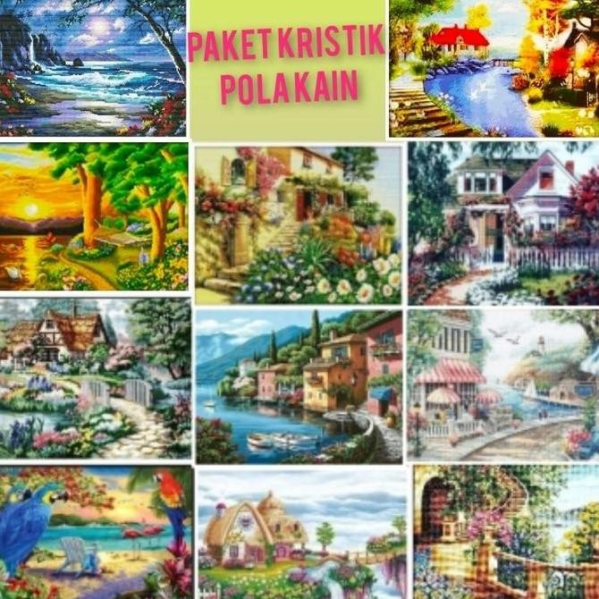 SALE paket kristik POLA KAIN pemandangan rumah taman pantai laut