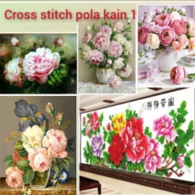 Paket kristik pola kain bunga mawar dan peoni 11ct cross stitch diy
