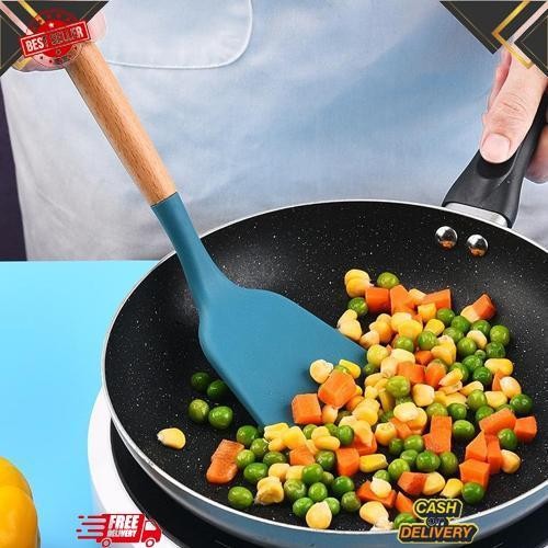 Gercep Spatula Silikon Utensil Gagang Kayu Tahan Panas Sutil Silikon Tahan Panas