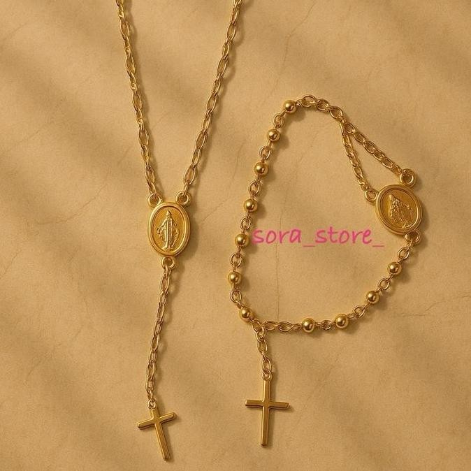 Set Gelang Dan Kalung Rosario Unisex Titanium Lapis Emas Asli Anti Karat Anti Pudar Anti Luntur Gaya