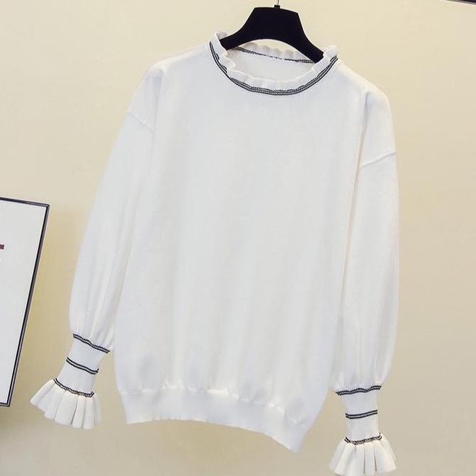 Atasan wanita rajut list putih lengan balon polos santai TF044