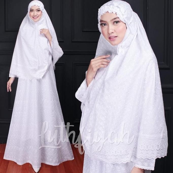 Gamis Katun Umroh  / Stelan Gamis Putih Bergo Katun Polos Bunga Putih Hitam Haji Wanita  Jepang  Mus