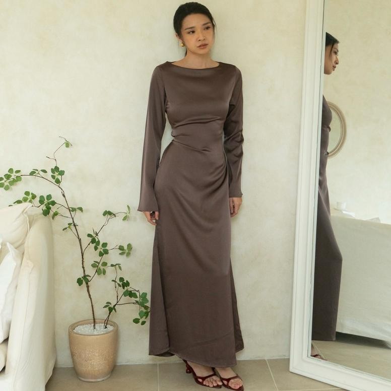 CLEA DRESS | ROOHA | Basic Satin Dress Panjang Wanita Terusan Lengan Panjang Long Sleeves Maxi Dress