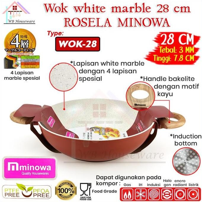 Minowa Rosela Wok White Marble 30Cm Induksi Anti Lengket / Panci Listrik Penggorengan Wajan Kuali Ma