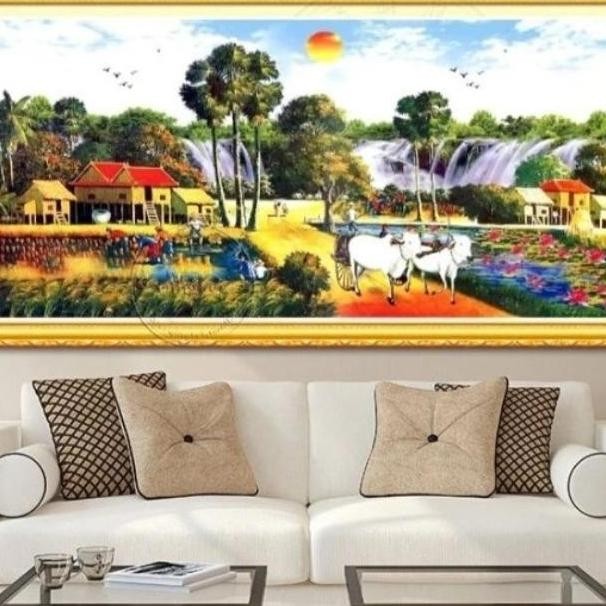 DIY paket kristik air terjun sawah panen padi ikan koi desa cross stitch 1m