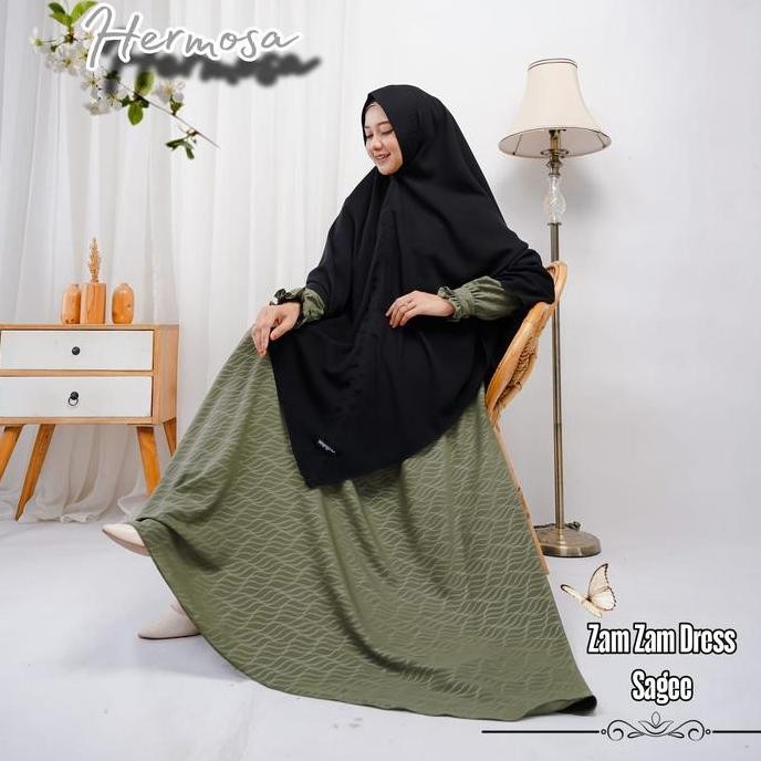 [Gamis Hermosa]Gamis Hermosa Wolfis Embos Motif Zamzam Sage Green-Gamis Hijau Sage Terbaru-Gamis Pre