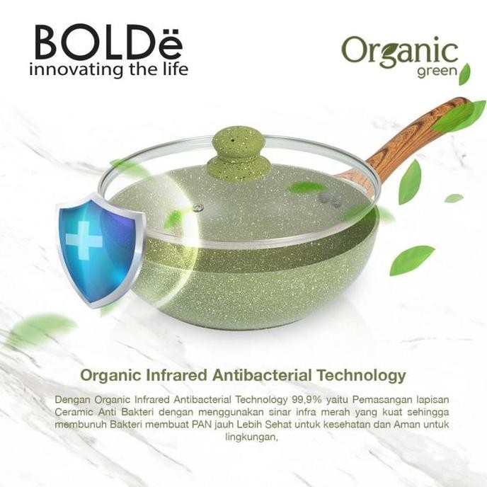 Bolde Organic Green Wok Pan ( Wajan ) 24 Cm + Lid Tutup Kaca - Super Pan Granite Series Penggorengan