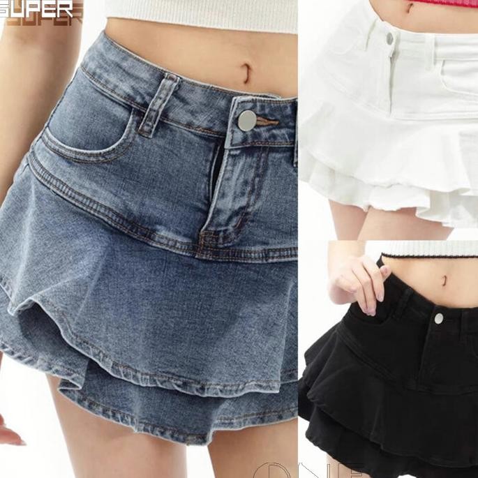 Rok Lipit Denim Pinggang Tinggi Wanita Rok Pendek Denim U Rok Denim A