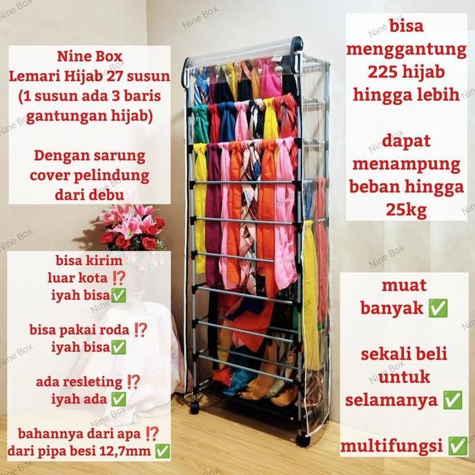 Nine Box Lemari Hijab Jilbab Kapasitas Super Besar Set Lengkap Dengan Cover Plastik Dan Roda Anti De