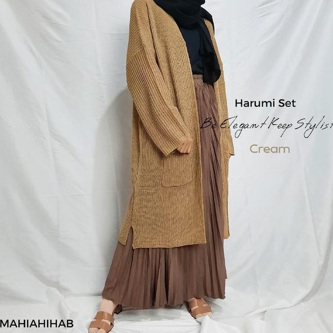 Harumi Set (Long Cardigan + Rok Plisket) Korean Style Outfit By Mahiahijab