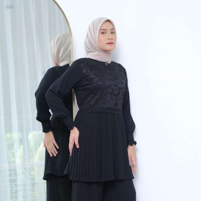 Blus Khansa Plisket Brukat Lengan Panjang Hitam Putih Blus Chiffon Wanita Premium Blus Muslim Brukat