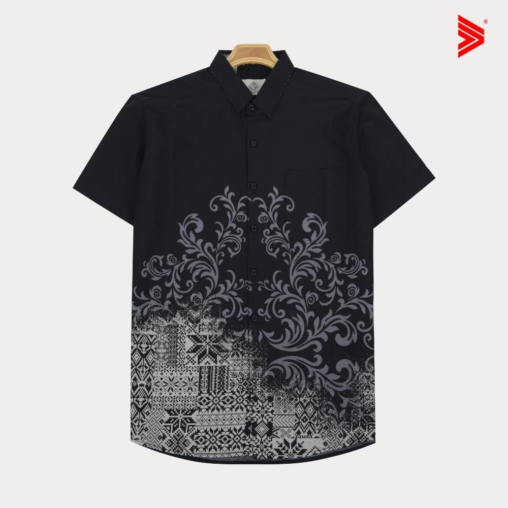 Ready Tiagan99 Kemeja Batik Pria Cowok Lengan Pendek Slimfit Modern Baju Bahan Katun Hitam Cream Bir