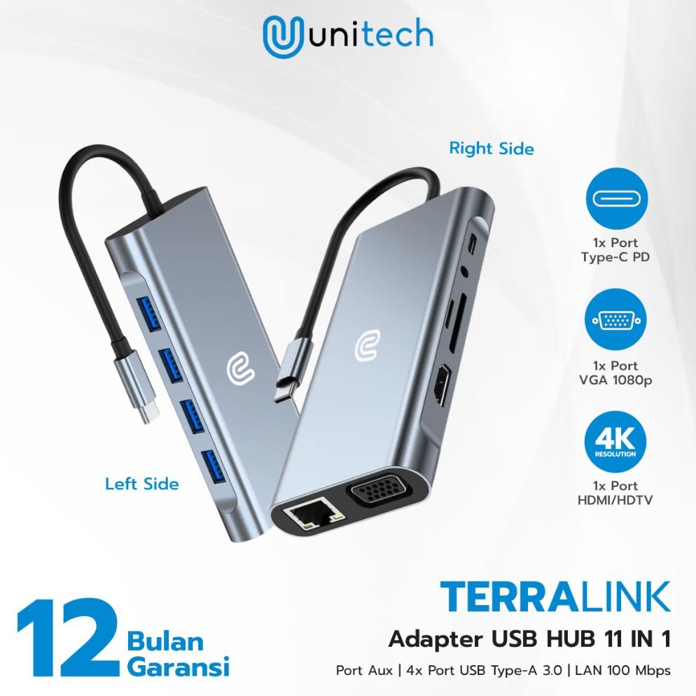 EDELWEIS- USB HUB Converter Type C HUB 3.0 4K HDMI & VGA + LAN - Card Reader | 11 in 1 - TerraLink |