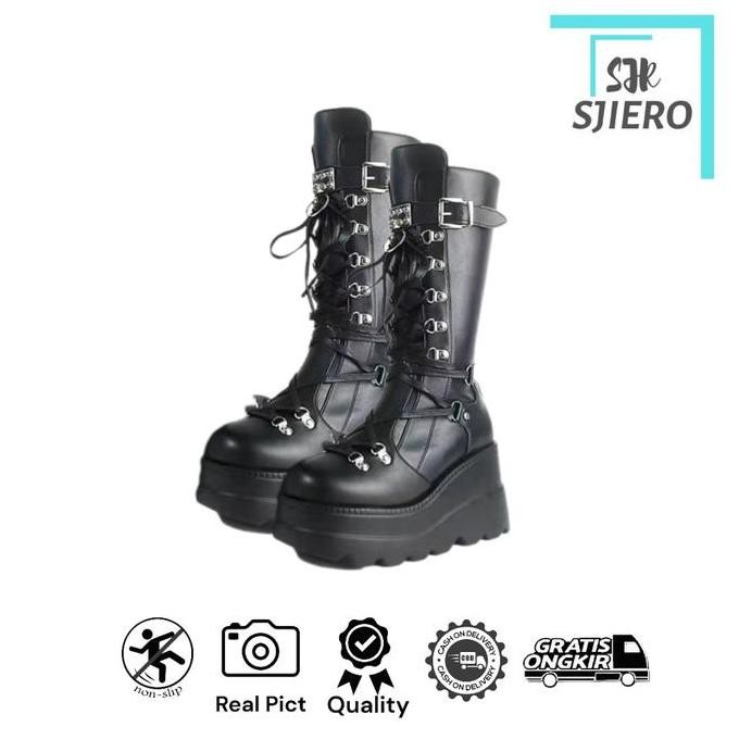 Sepatu Boots chunky Panjang Wanita Hak Tinggi Fashion 291 kekinian Hitam Karet ht