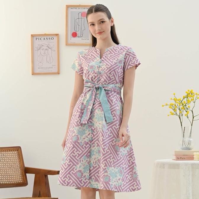 Promo Dress Batik Wanita Motif Bunga / Baju Batik Kantor Warna Pastel - 303 WIK Lilac COD