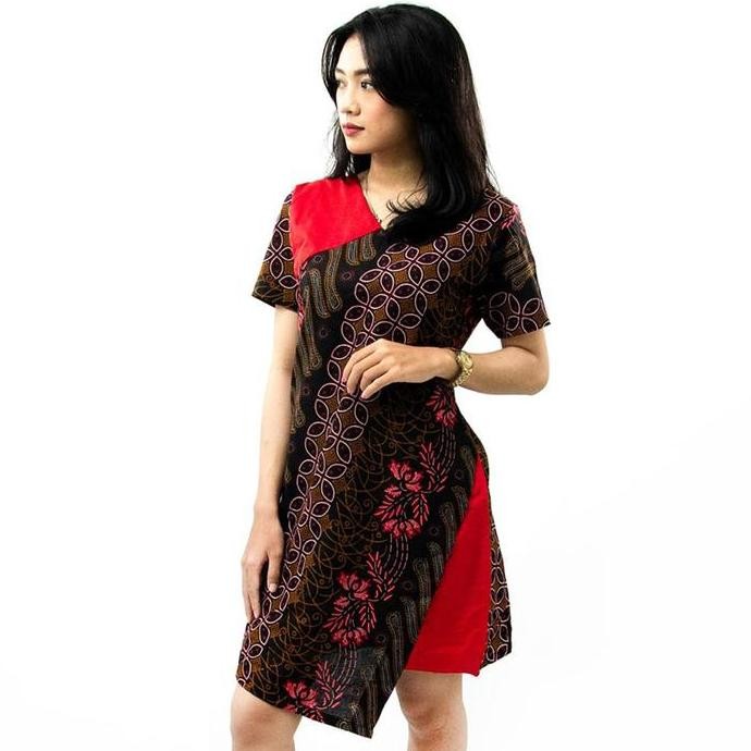 Promo Batik Couple Selendang Merah Modern - Dress Batik - Hem Batik - Baju Kondangan - Baju Resepsi 