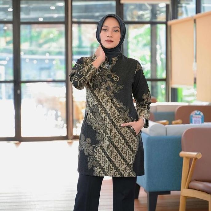 Promo atasan batik wanita modern dress tunik katun halus batik kerja hitam COD