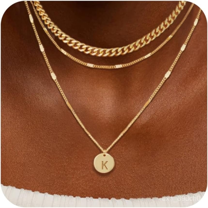 Kalung Huruf Kalung Koin Bulat Kalung Berlapis Emas A-Z ,14K Perhiasan Liontin Rantai Kuba Kalung Em