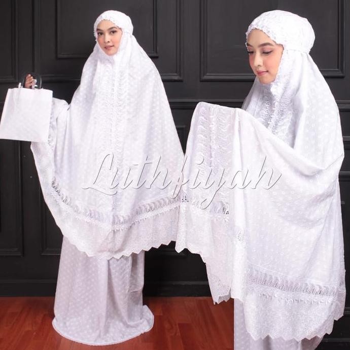 Mukena Katun Jepang Poliester Motif Adem Polos Bunga Putih Renda Bordir Dewasa Remaja Kombinasi Musl