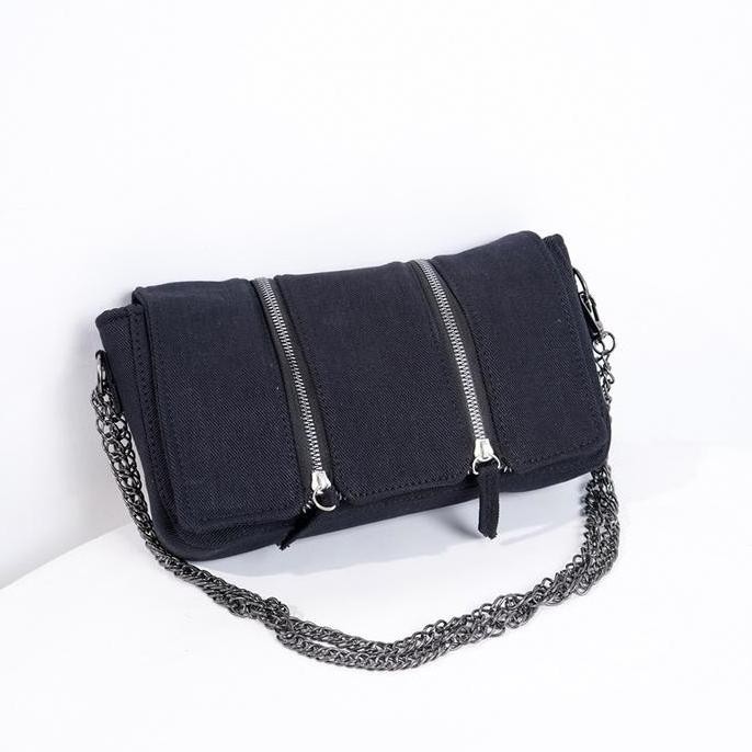 Deliwafa Olze Selempang Wanita Tas Cewek Premium Jeans Hitam Tali Panjang Kombinasi Gold Hardware Co