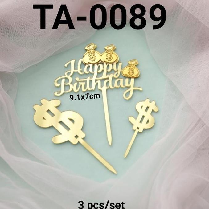 best produk] TA-0089 Cake topper akrilik happy birthday uang dollar kantong emas