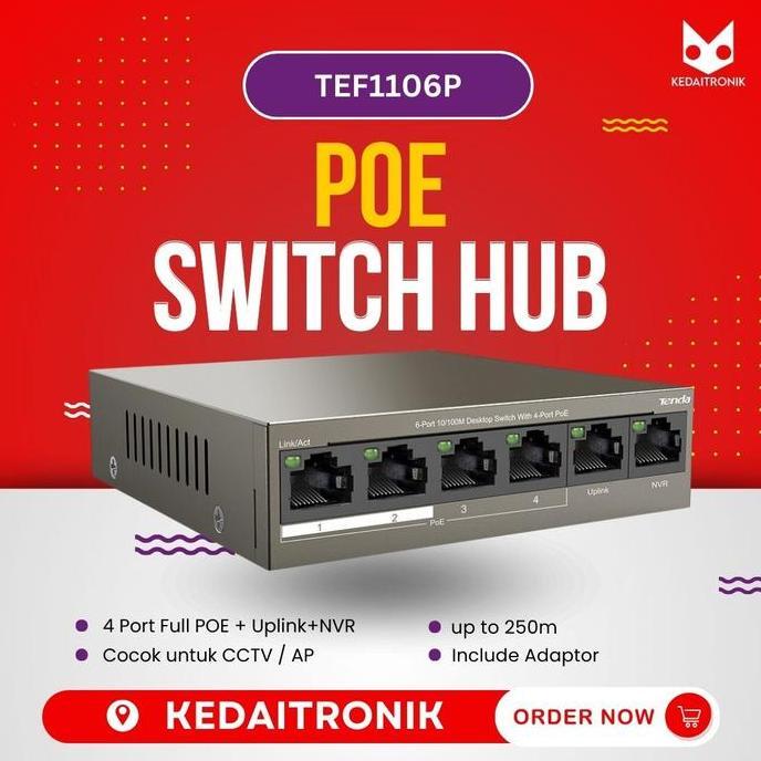 Tenda TEF1106P Switch HUB 6 Port 4-63W LAN Fast Ethernet PoE Garansi