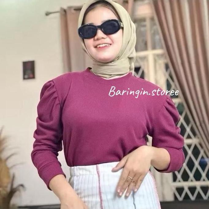 Girly- Blouse Waffle Puffy Lengan Balon Wanita/ Blouse Korean Kekinian