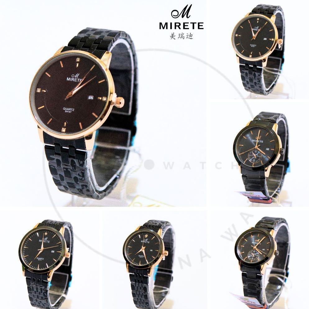 Cash Back Jam Tangan Mirete-Rt19 Rantai Hitam Gold Jam Tanggal Stainless Steel Couple Plat Hitam Ori